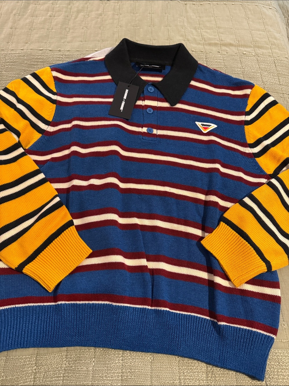 Homme + Femme Striped Knit Polo Sweater in Blue, Yellow & Burgundy nwt size smal